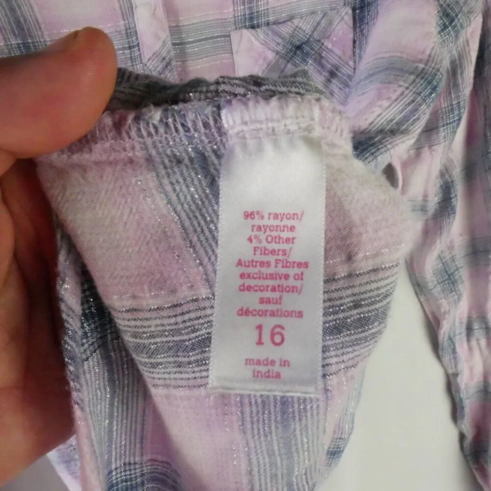 Justice Girls Size 16 Shirt Pink / Gray Plaid Long Sleeve Button Up